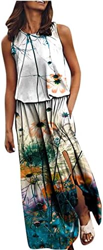 נשים חמניות מודפס מקסי שמלות קיץ ללא שרוולים צוואר טנק זורם ארוך שמלה סקסי פיצול חוף נדנדה שמלה קיצית