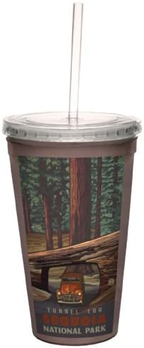 ברכות ללא עצים CC33302 וינטג 'סקויה פארק לאומי יומן מנהרות מאת פול א. לנקוויסט מטייל אומנותי כוס מגניבה כפולה עם קש, 16 גרם