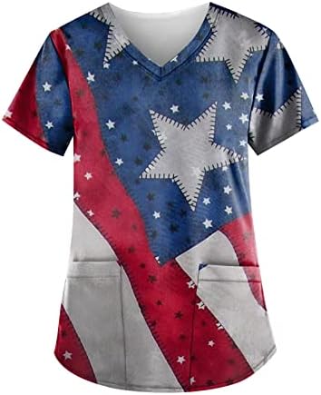 חולצת טי 4 ביולי לנשים דגל אמריקאי דגל אמריקאי שרוול קצר של שרוול v-צווארון עם צווארון עם 2 כיסים לבגדי עבודה מזדמנים של חג מצחיק