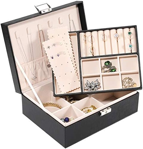 מארגן קופסאות תכשיטים של אלינסייד לנשים נערות נוער, 2 שכבות תכשיטי עור PU מארז אחסון עם מנעול, בטנת קטיפה, בחירת מתנה לחג המולד, שחור