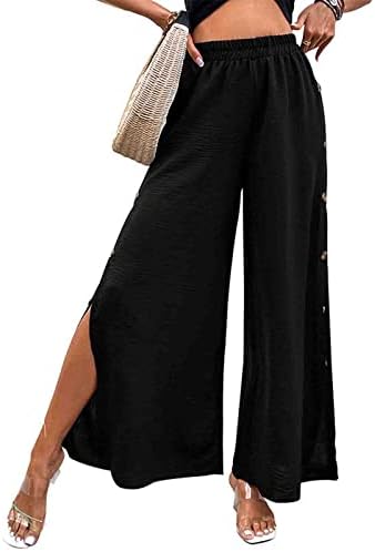 מכנסי קיץ מזדמנים של Fehlegd לנשים אלסטיים מותניים גבוהים כפתור צבע אחיד רופף מכנסי רגל רחבים נוחים עם חריץ