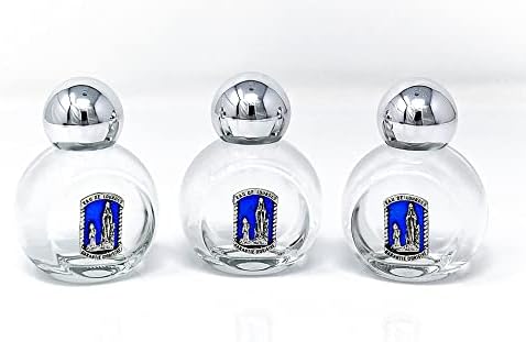 בקבוקי מים קדושים של לורדס - 3 בקבוקים סגלגלים כחולים עגולים מלאים במים קדושים אמיתיים בתוספת כרטיס תפילה של לורדס