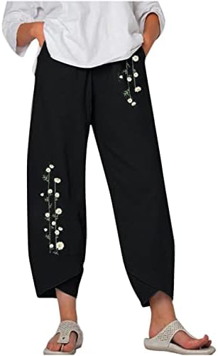 מכנסי מכנסיים מזדמנים של Comigeewa נערות לנשים הדפס פשתן רופף כושר רגל ישר מכנסי סתיו 2023 בגדים טרנדיים