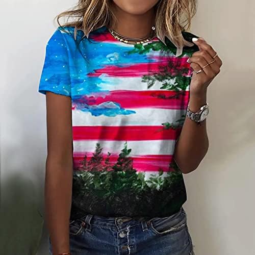 ג'ריצ'י 4 ביולי חולצות נשים, נשים קיץ דגל אמריקאי מקזב הדפס שרוול קצר שרוול טשירטים צוואר צוואר חולצות רופפות חולצות