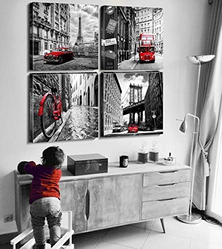 אמנות קיר בשחור לבן לסלון אדום פריז תפאורה לחדר שינה נוף עירוני תמונות בד אמבטיה תפאורה יצירות אמנות עיריות עם מגדל אייפל ברוקלין גשר