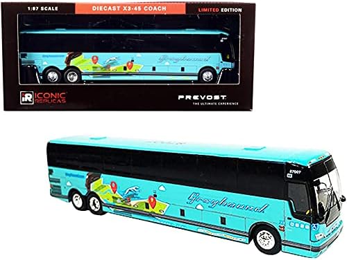 אוטובוס אוטובוס 3-45 דאלאס גרייהאונד ללכת רחוק טורקיז 1/87 דגם דייקאסט על ידי העתקים איקוניים 87-0274