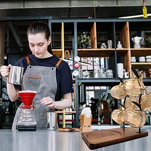 דוכן מחזיק ספל קפה פטורי עם 6 ווים, בסיס עץ, מתלה ספל עץ ברונזה,דלפק קפה, אביזר בר ומארגן מטבח