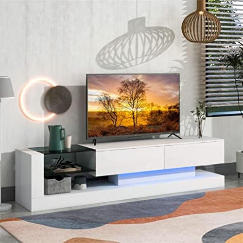 מתלה טלוויזיה BHVXW עם שני ארונות אחסון מדיה מרכז בידור לטלוויזיה בגודל 75 אינץ ', צבע LED של 16 צבע RGB