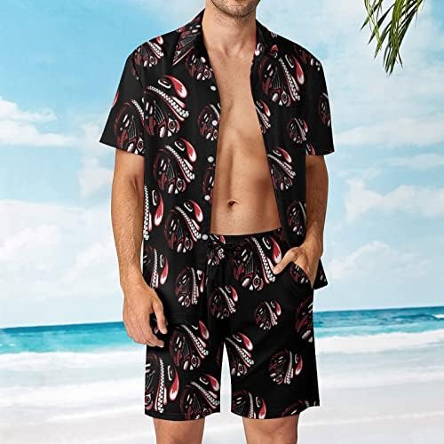 גברים שבטיים 2 חלקים הוואי סט מכפתור חולצות שרוול קצר מכנסי חוף רופפים מתאימים