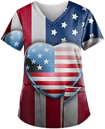 חולצת טשטש 4 ביולי לנשים דגל אמריקאי שרוול קצר שרוול V חולצות צוואר עם 2 כיסים לבגדי עבודה מזדמנים מצחיקים לחג מצחיק