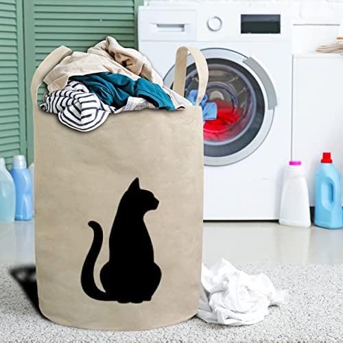 סל כביסה מתקפל שחור חתול צללית על לבן עמיד למים סל כביסה עם ידיות, שרוך מתקפל בגדי תיק עבור כביסה חדר אמבטיה
