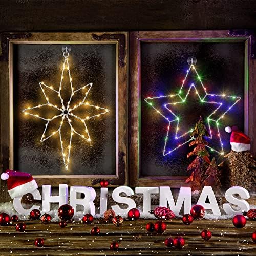 2 יחידות חג המולד חלון צללית אורות קישוטים, 8 מצבים גדול חג המולד חלון אורות הוביל כוכב חלון אור עם שלט רחוק מופעל עבור מקורה חג המולד