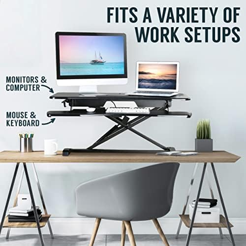 ממיר שולחן כתיבה עומד-32 אינץ ' מתכוונן לשבת לעמוד תחנת עבודה לשולחן, עץ עץ, משכים שולחן ארגונומי עם מגש מקלדת, משכים שולחן עבודה למחשב