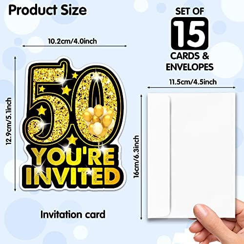 RZHV 15 חבילה זהב ושחור 50th יום הולדת צורת יום הולדת כרטיסי הזמנות עם מעטפות למבוגרים, הזמנת מסיבת יום הולדת מצחיקה, ציוד למסיבות