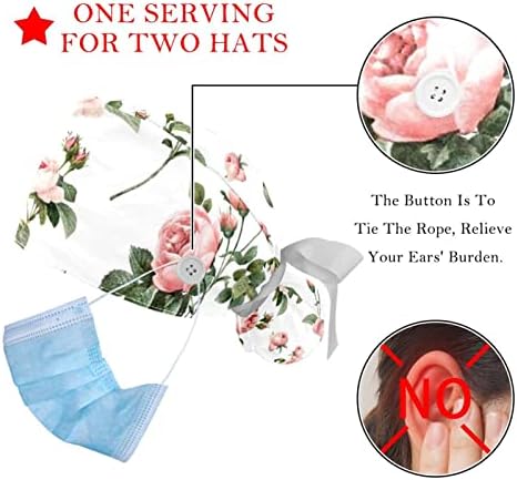 2 חבילות כובע ניתוח עם רצועת זיעה, כובעי בופנט נושמים שיער ארוך, כובעי קרצוף אחות מתכווננים פרח בקנה מידה