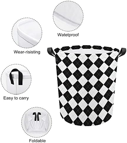 שחור ולבן משובץ סלי כביסה עם ידיות עמיד למים עגול מתקפל בגדי סל אחסון תיק ארגונית