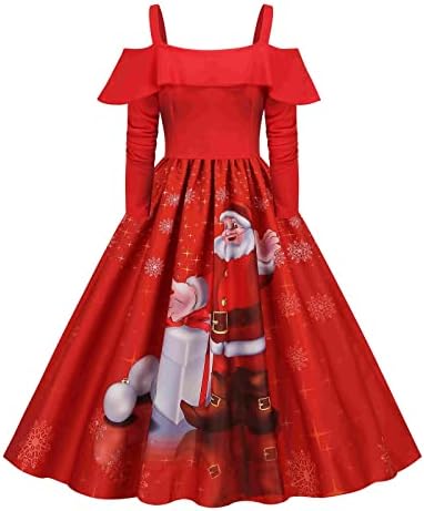 נשים חג המולד שמלת אופנה רטרו עגול צוואר חג המולד הדפסה ארוך שרוול שמלת טוניקת מכפלת המפלגה שמלות