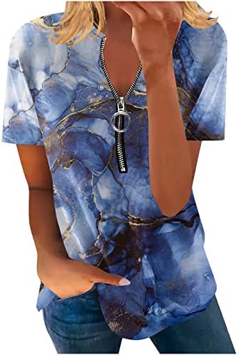הדפסת שיש של נשים תפיסתי נ 'צוואר שרוול קצר טוניקה עליונה בלוק צבע קיץ מזדמן חולצה רופפת עם רוכסן