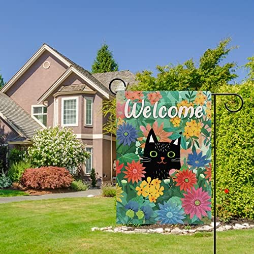 Dyrenson ברוך הבא דגל גינה דקורטיבי של חתול שחור, בית קיטי בית חצר מדשאה דייזי פאנסי אדום פרח פרח פרח
