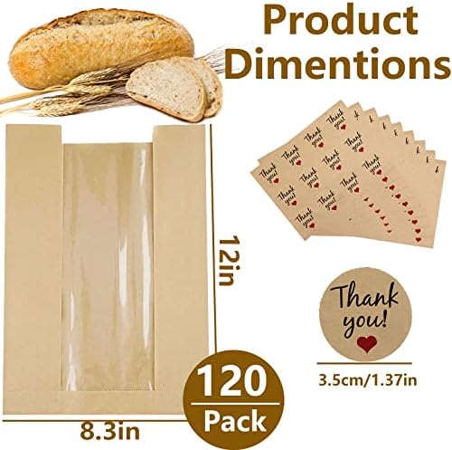 סזויקס 120 ספירות שקיות לחם נייר, 12 על 8.3 על 4 שקיות מאפייה אינץ ' עם חלון קדמי שקיות עוגיות נייר חום שקיות פינוק ללחם ביתי, עוגיות,