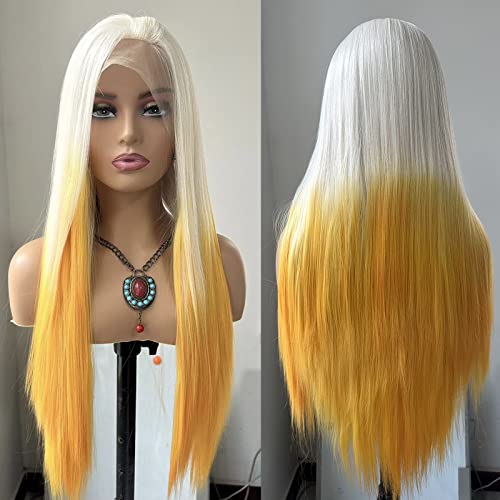 קוקופנים אומברה צהוב תחרה מול פאות לנשים ארוך ישר סינטטי פאה בלונדינית כדי צהוב שיער טבעי קו שיער 24 סנטימטרים יומי להשתמש פאת קוספליי