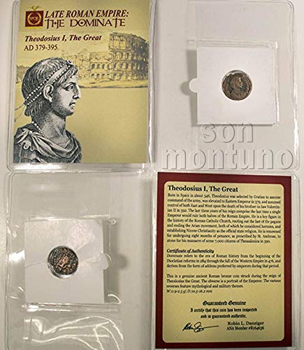 תיאודוסיוס הראשון - מטבע ברונזה רומאי עתיק בתיקיה עם תעודת האותנטיות 379-395 לספירה - תיאודוסיוס הגדול