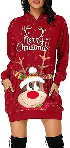 נשים חג המולד מכוער הסווטשרט, נערות חמוד איל גרפי סלעית סווטשירט צווארון עגול ארוך שרוול שמלת טוניקת חולצות