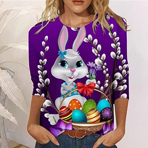 חולצת ארנב פסחא לנשים חולצות חולצות הדפס חמוד 2023 אופנה 3/4 שרוול צווארון צוואר גרפי גרפי
