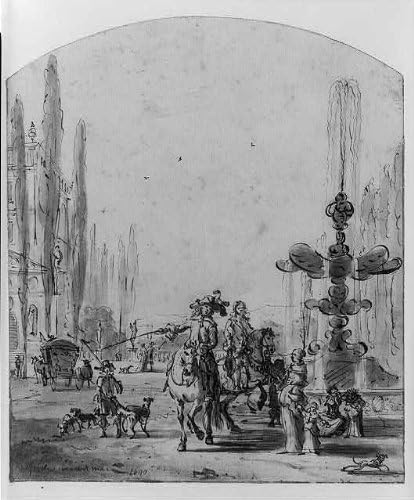 צילום היסטורי: סצנת רחוב, פרשים, מזרקה, 1640, חרב, צייד, כלבים, ילד, פיליפ ווברמן