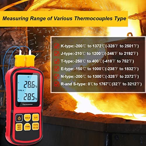 מדחום דיגיטלי של מנגשן, מדד טמפרטורת חיישן דו-ערוצי K-type Thermoceple מדד טמפרטורה למד עבור k/j/t/e/r/n/s סוג, -200 ℃ עד 1372 ℃