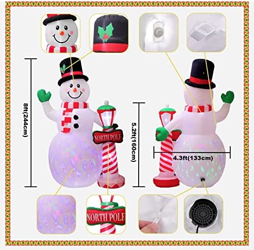8 רגל חג המולד מתנפח איש שלג עם פוסט הדרכה, נורות LED מסתובבות צבעוניות מפוצצות קישוט חצר חיצוני קלטות מתנפח חג המולד מתנפח