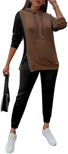 מכנסי מכנסיים MTSDJSKF לנשים לנשים פורמליות בלוק צבע 2 חלקים תלבושת סווטשירט סווטשירט מכנסי סווטשירט עם שרוול ארוך ברדס