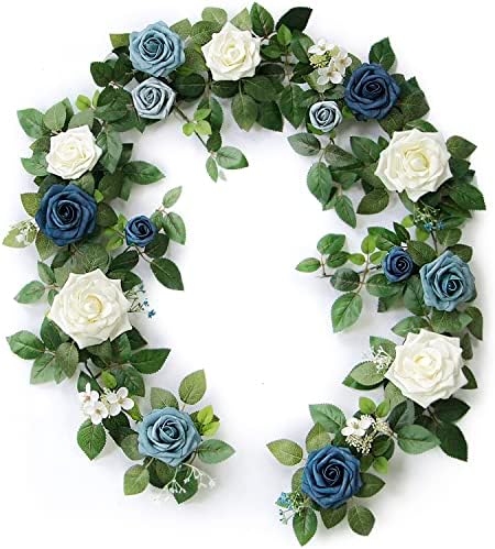פונטיה 5ft בעבודת יד גרלנד פרחי ורדים מלאכותיים, פרחים כחולים מאובקים זר ירק לטקס חתונה פרחי קשת תפאורה, קישוטי שולחן קבלת טקס