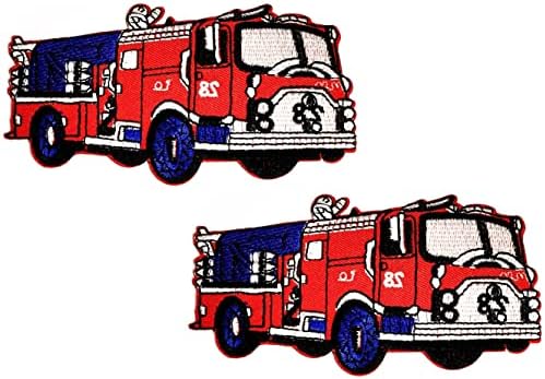 קליינפלוס 2 יחידות. אדום משאית הצלת ברזל על תיקוני כבאי רכב אש קריקטורה ילדים אופנה סגנון רקום מוטיב אפליקצית קישוט סמל תלבושות אמנויות